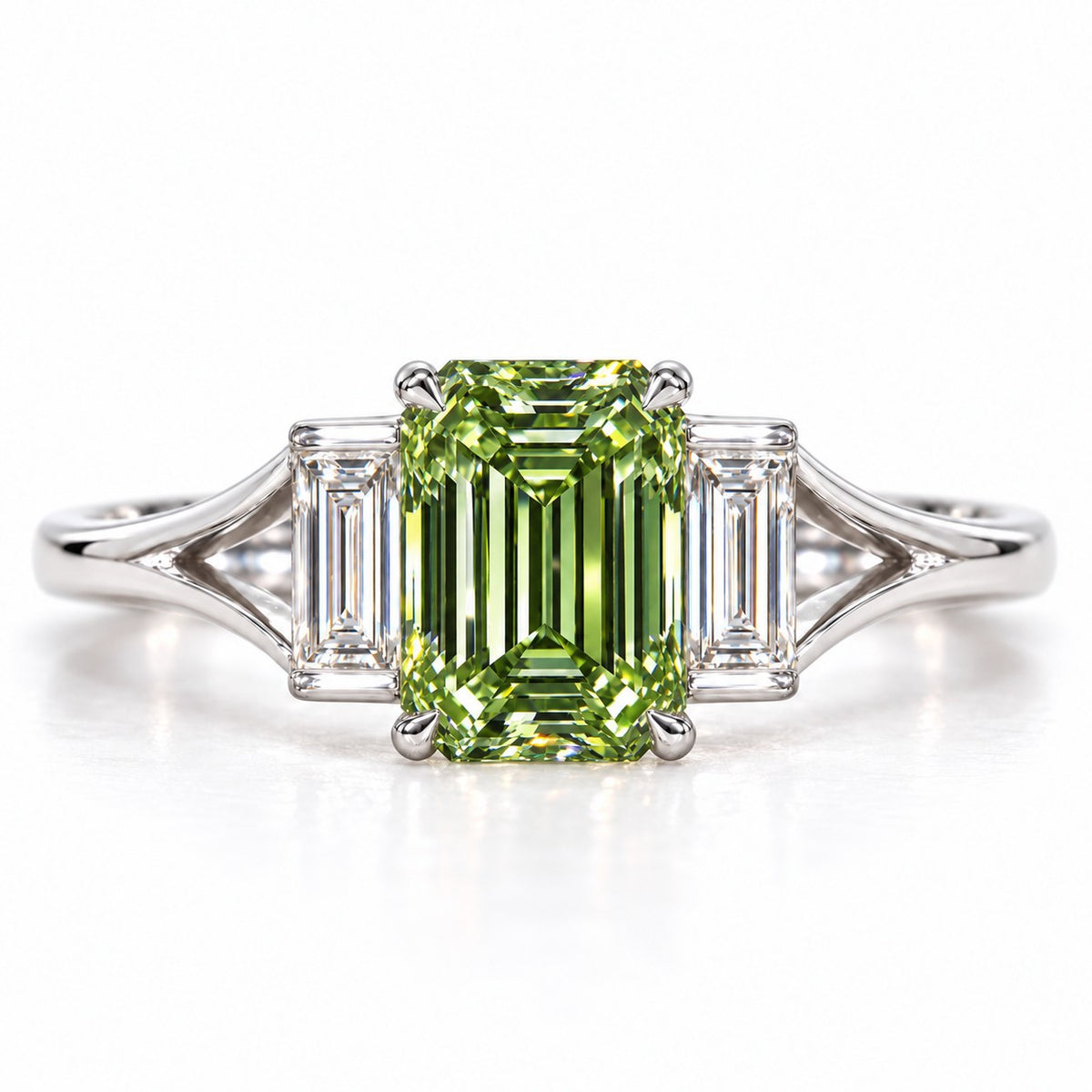 Green Emerald Cut Lab Grown Diamond Engagement Ring - Trapezoid Three Stone in white gold, front view