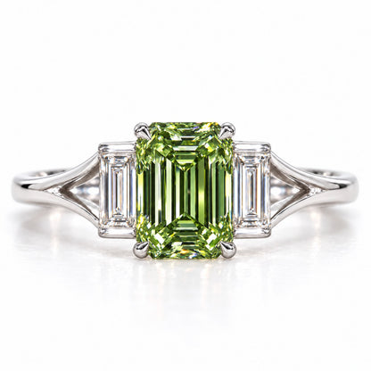 Green Emerald Cut Lab Grown Diamond Engagement Ring - Trapezoid Three Stone in white gold, front view
