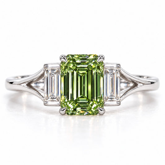 Green Emerald Cut Lab Grown Diamond Engagement Ring - Trapezoid Three Stone in white gold, front view