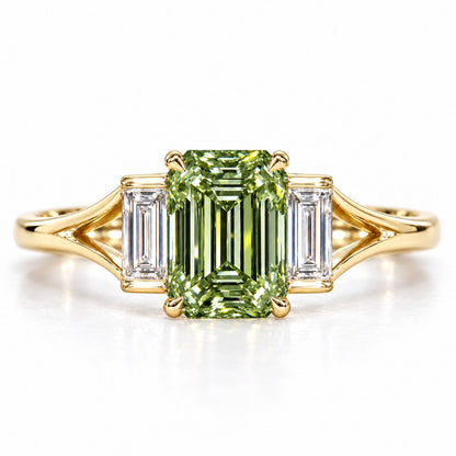 Green Emerald Cut Lab Grown Diamond Engagement Ring - Trapezoid Three Stone in yellow gold, front view