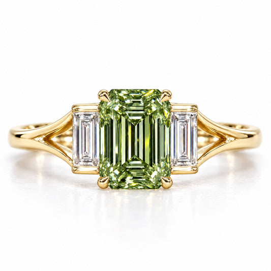 Green Emerald Cut Lab Grown Diamond Engagement Ring - Trapezoid Three Stone in yellow gold, front view