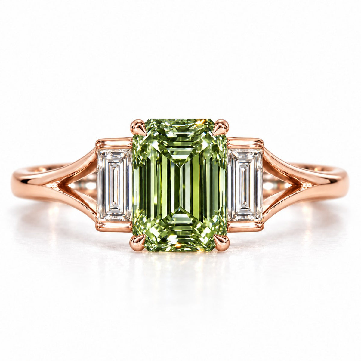 Green Emerald Cut Lab Grown Diamond Engagement Ring - Trapezoid Three Stone in rose gold, front view