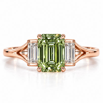 Green Emerald Cut Lab Grown Diamond Engagement Ring - Trapezoid Three Stone in rose gold, front view