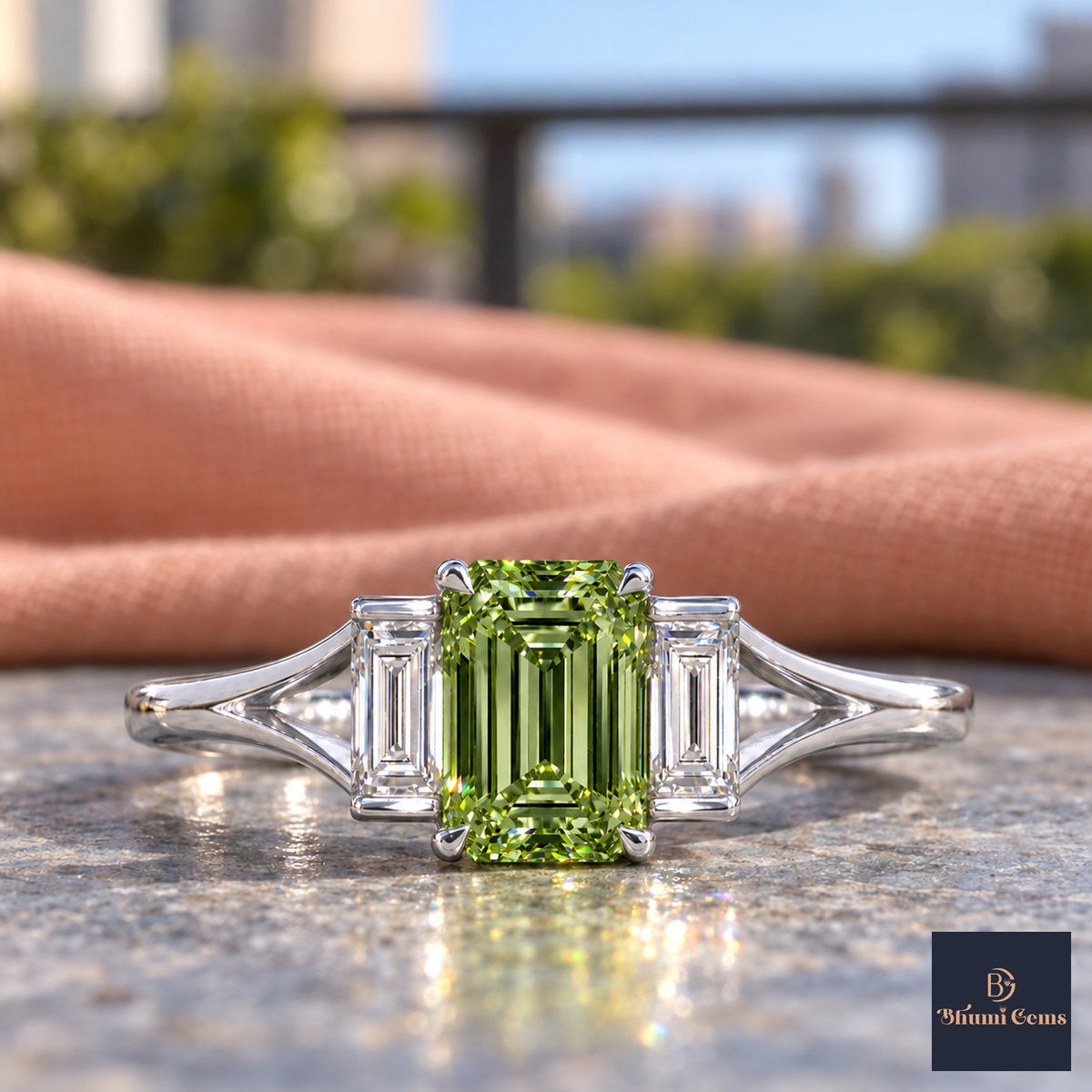Green Emerald Cut Lab Grown Diamond Engagement Ring - Trapezoid Three Stone in white gold, close-up