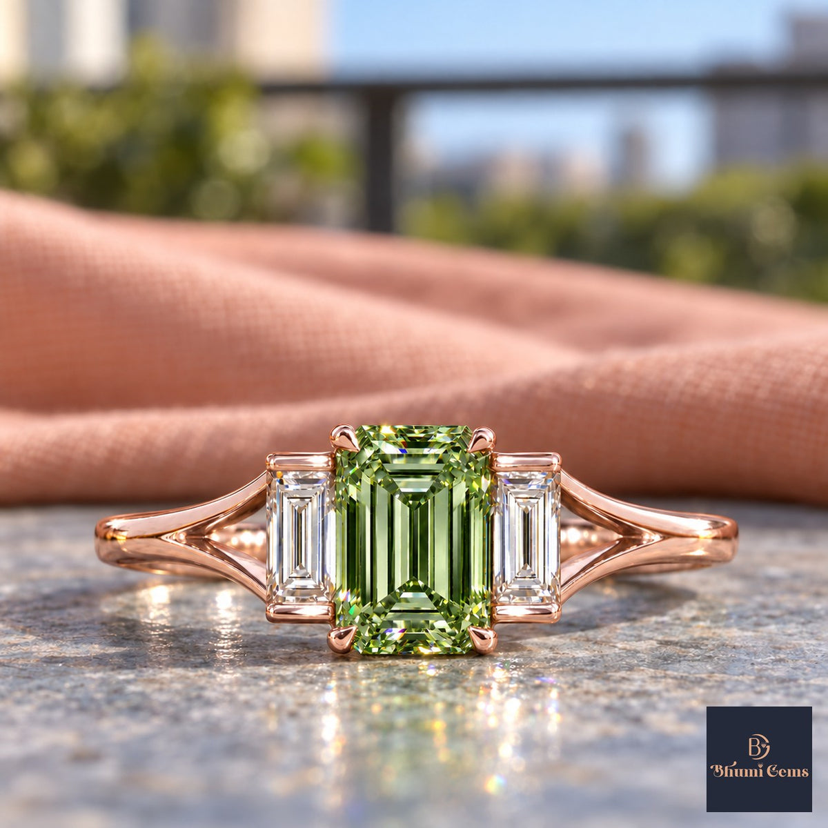 Green Emerald Cut Lab Grown Diamond Engagement Ring - Trapezoid Three Stone in rose gold, close-up