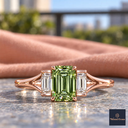 Green Emerald Cut Lab Grown Diamond Engagement Ring - Trapezoid Three Stone in rose gold, close-up