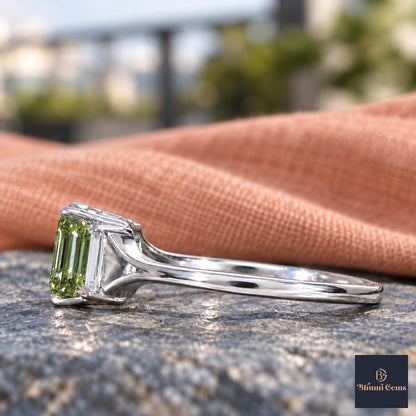 Green Emerald Cut Lab Grown Diamond Engagement Ring - Trapezoid Three Stone in white gold, side view