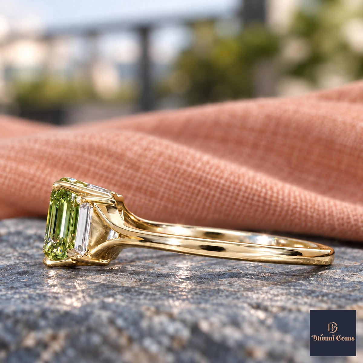 Green Emerald Cut Lab Grown Diamond Engagement Ring - Trapezoid Three Stone in yellow gold, side view
