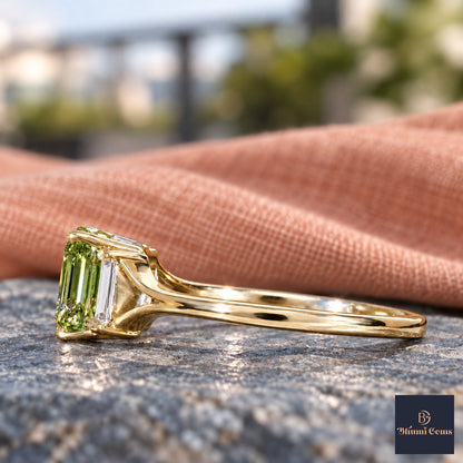 Green Emerald Cut Lab Grown Diamond Engagement Ring - Trapezoid Three Stone in yellow gold, side view