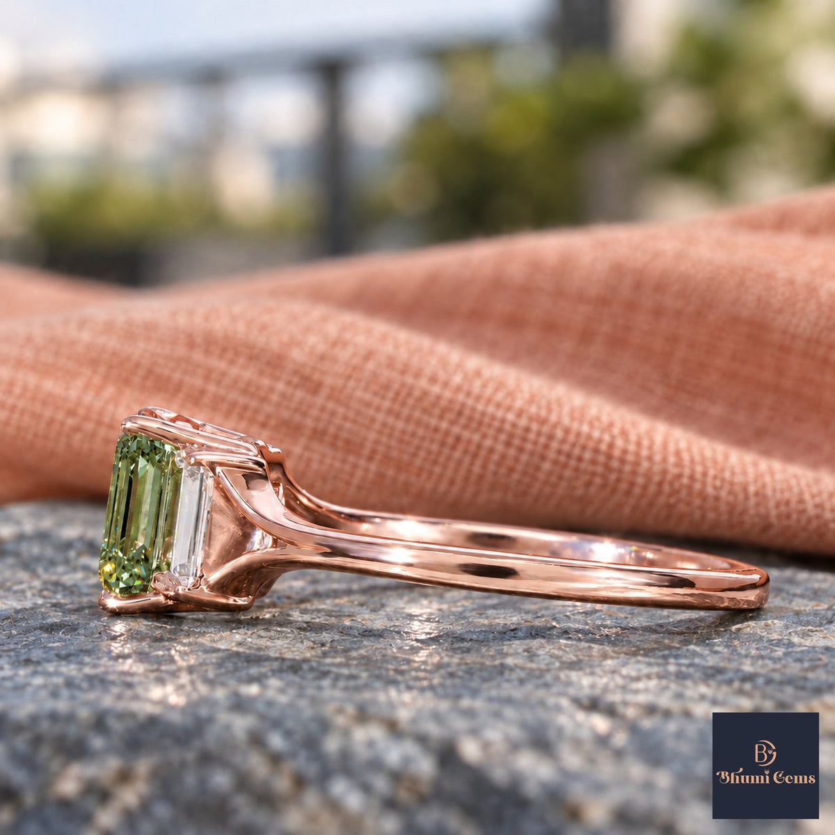 Green Emerald Cut Lab Grown Diamond Engagement Ring - Trapezoid Three Stone in rose gold, side view
