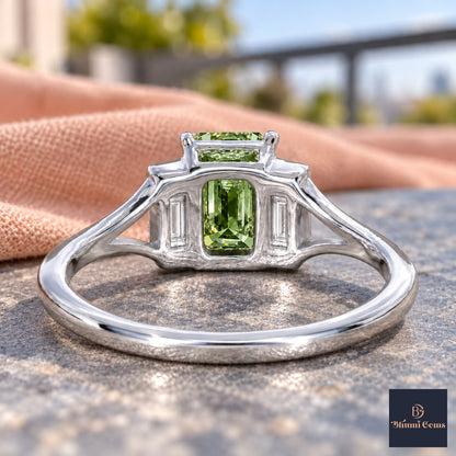 Green Emerald Cut Lab Grown Diamond Engagement Ring - Trapezoid Three Stone in white gold, gallery view