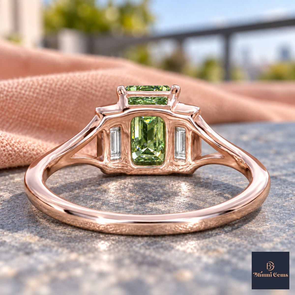 Green Emerald Cut Lab Grown Diamond Engagement Ring - Trapezoid Three Stone in rose gold, gallery view