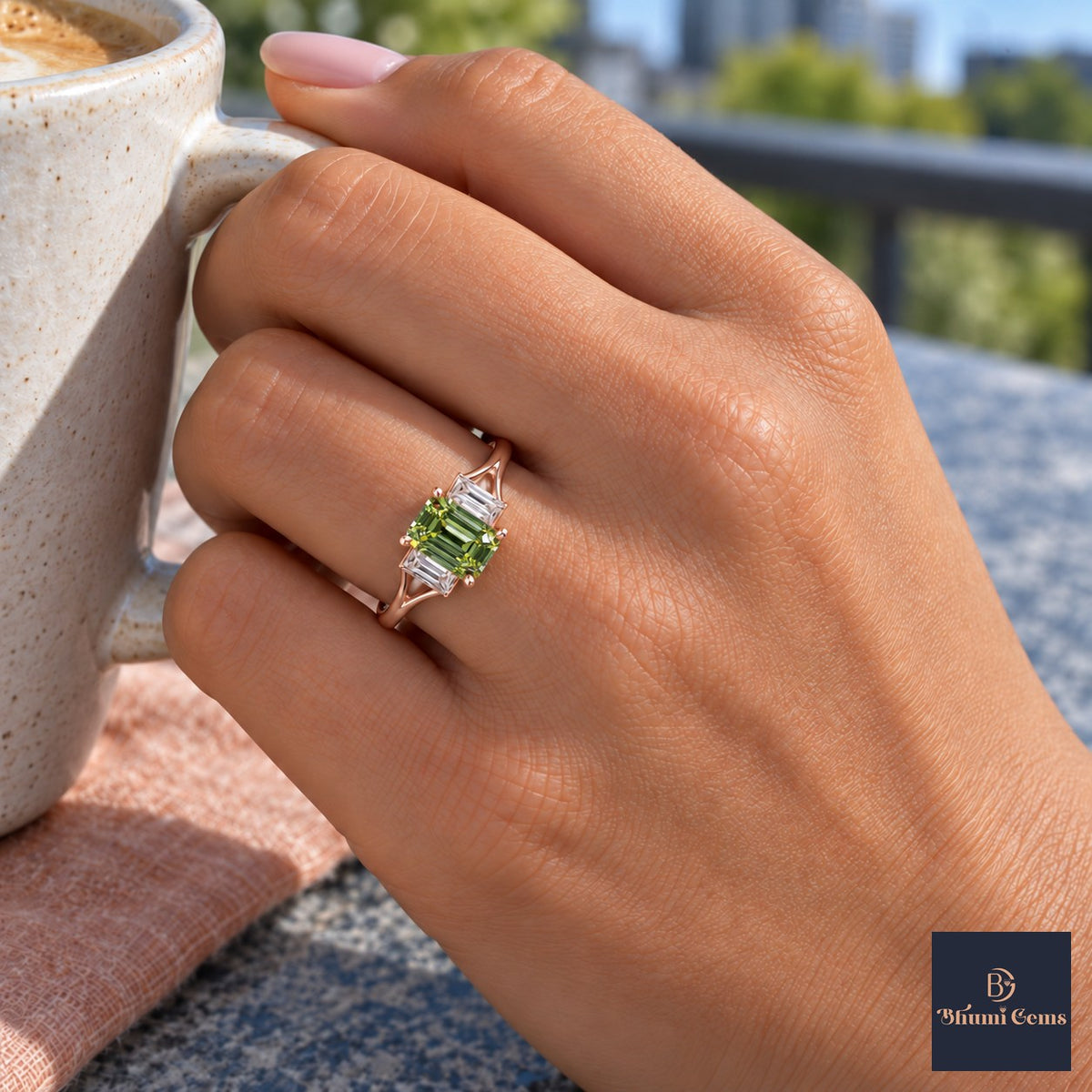 Green Emerald Cut Lab Grown Diamond Engagement Ring - Trapezoid Three Stone in rose gold, on the hand