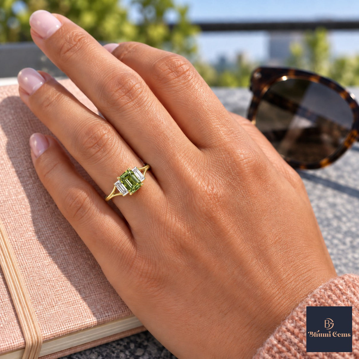 Green Emerald Cut Lab Grown Diamond Engagement Ring - Trapezoid Three Stone in yellow gold, worn on the hand