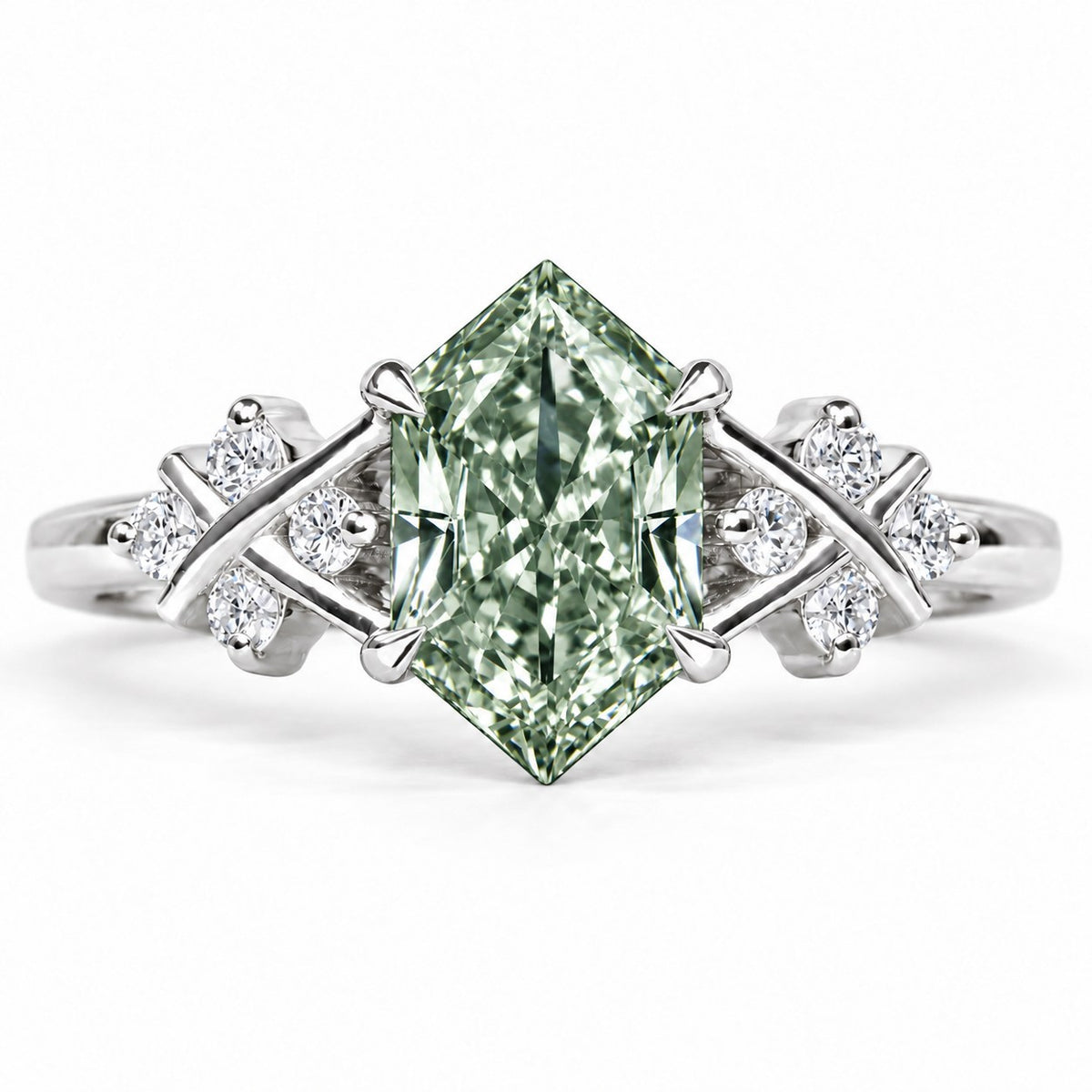 Green Hexagon Cut Lab Grown Diamond Engagement Ring - Cluster Shoulders in white gold, front view