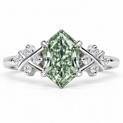 Green Hexagon Cut Lab Grown Diamond Engagement Ring - Cluster Shoulders in white gold, front view