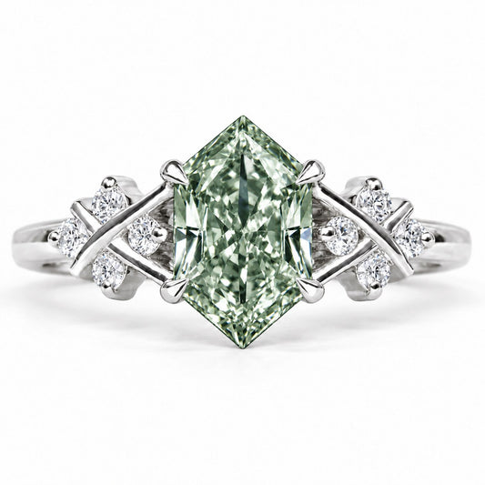 Green Hexagon Cut Lab Grown Diamond Engagement Ring - Cluster Shoulders in white gold, front view