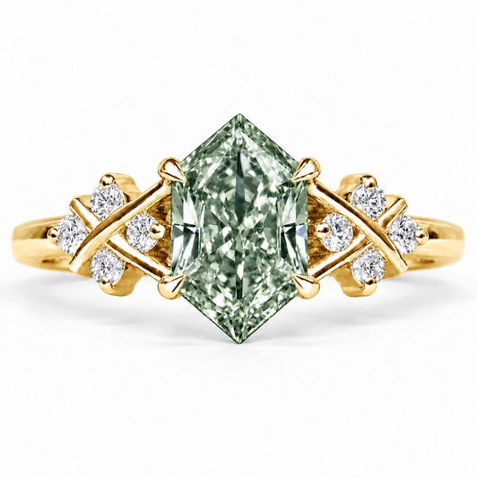 Green Hexagon Cut Lab Grown Diamond Engagement Ring - Cluster Shoulders in yellow gold, front view