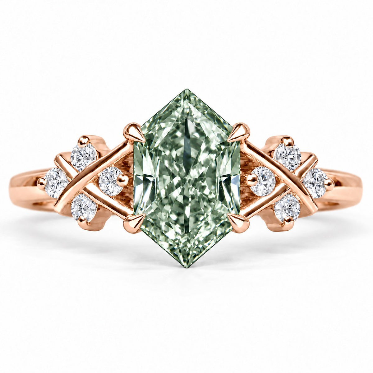 Green Hexagon Cut Lab Grown Diamond Engagement Ring - Cluster Shoulders in rose gold, front view