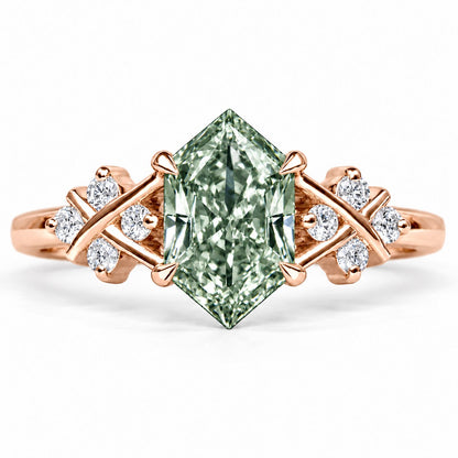 Green Hexagon Cut Lab Grown Diamond Engagement Ring - Cluster Shoulders in rose gold, front view