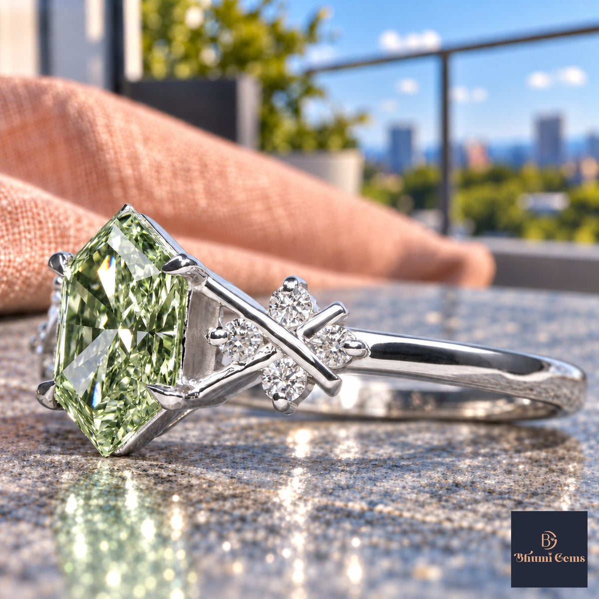 Green Hexagon Cut Lab Grown Diamond Engagement Ring - Cluster Shoulders in white gold, close-up