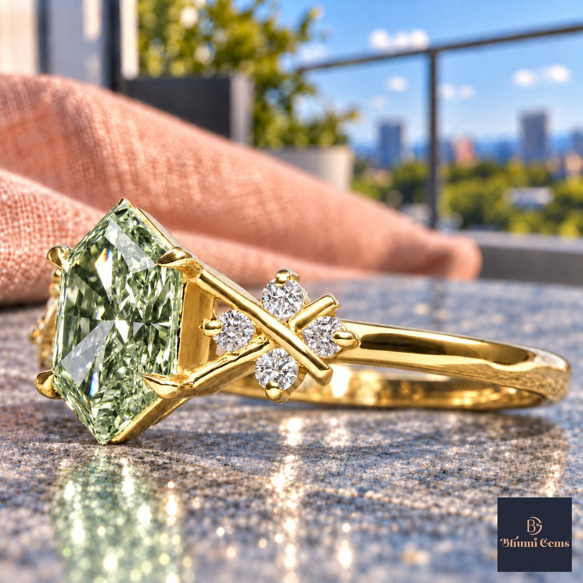 Green Hexagon Cut Lab Grown Diamond Engagement Ring - Cluster Shoulders in yellow gold, close-up
