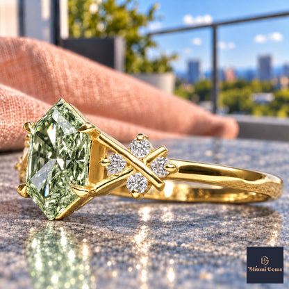 Green Hexagon Cut Lab Grown Diamond Engagement Ring - Cluster Shoulders in yellow gold, close-up