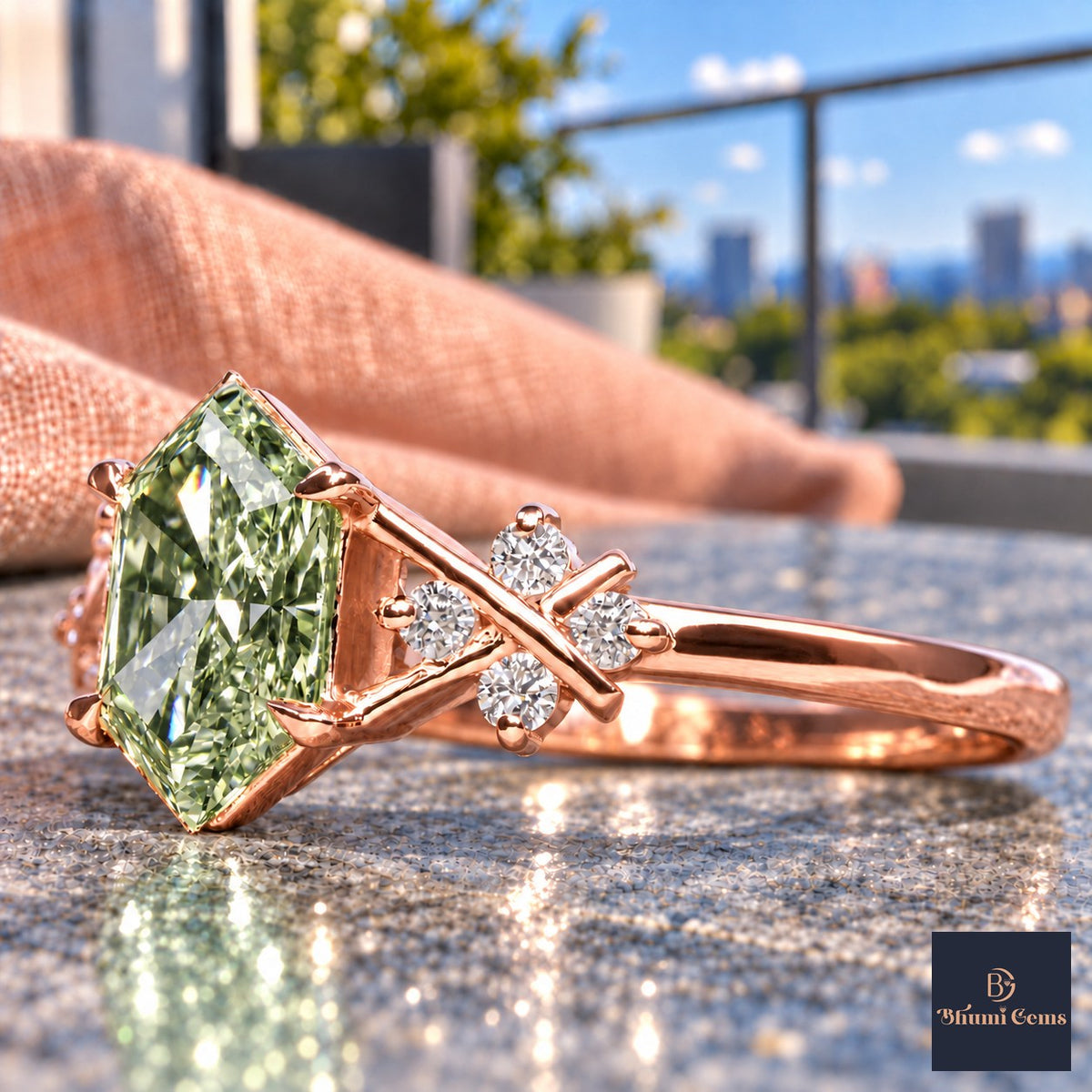 Green Hexagon Cut Lab Grown Diamond Engagement Ring - Cluster Shoulders in rose gold, close-up