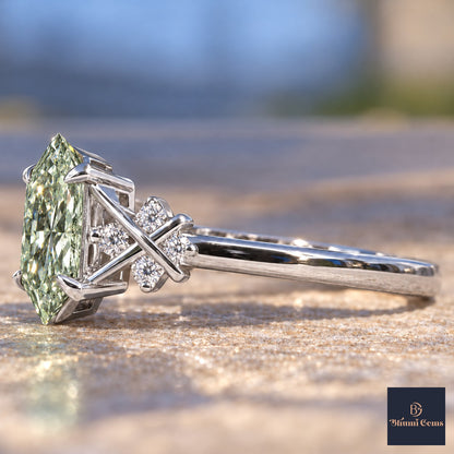 Green Hexagon Cut Lab Grown Diamond Engagement Ring - Cluster Shoulders in white gold, side view
