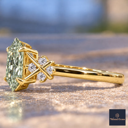 Green Hexagon Cut Lab Grown Diamond Engagement Ring - Cluster Shoulders in yellow gold, side view