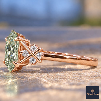 Green Hexagon Cut Lab Grown Diamond Engagement Ring - Cluster Shoulders in rose gold, side view