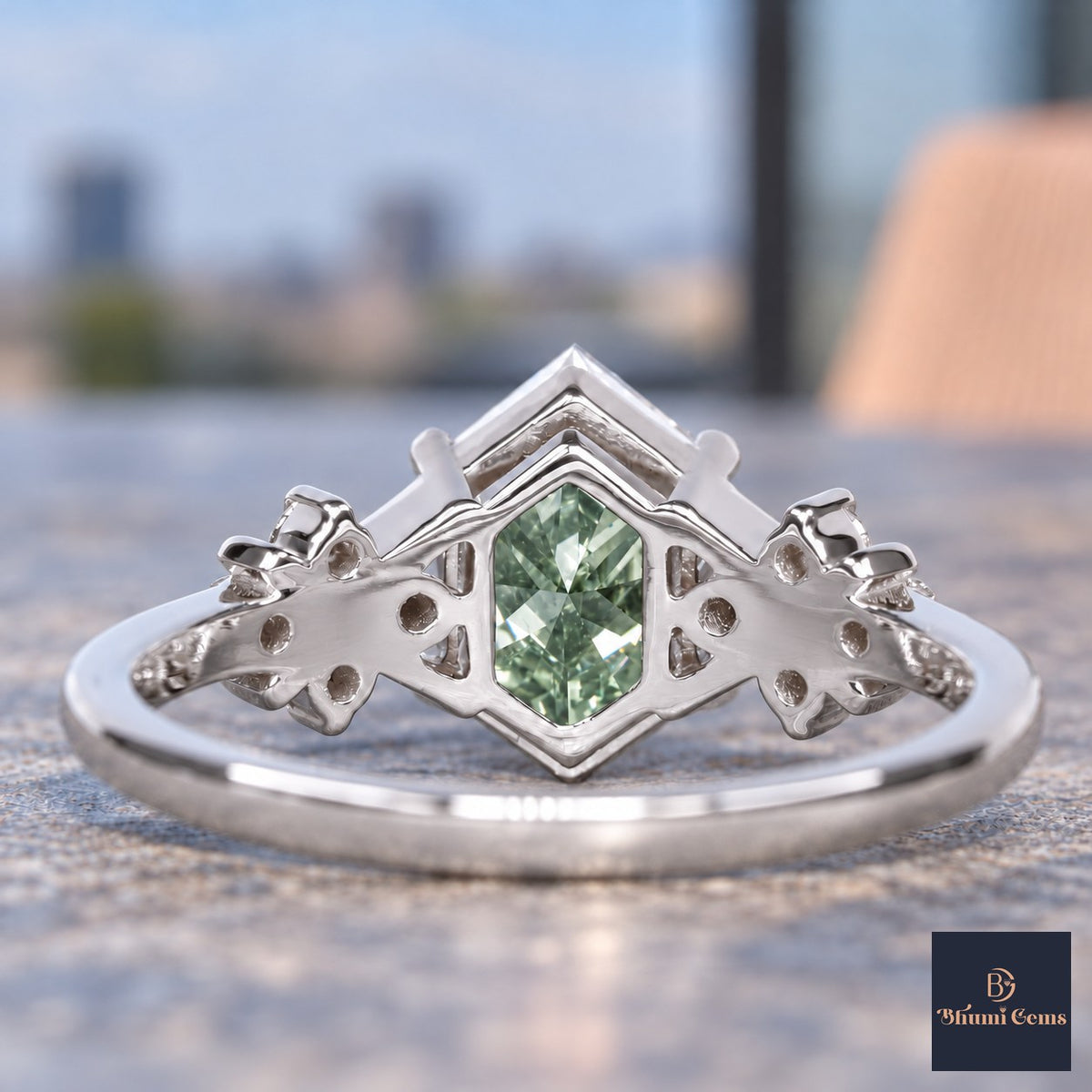 Green Hexagon Cut Lab Grown Diamond Engagement Ring - Cluster Shoulders in white gold, gallery view