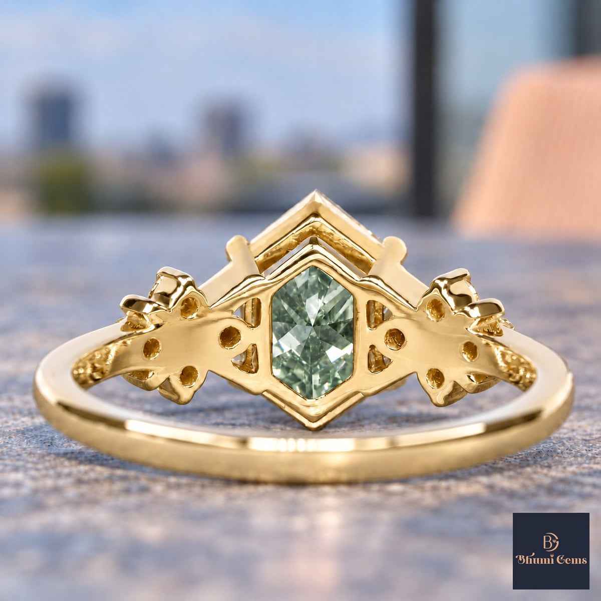 Green Hexagon Cut Lab Grown Diamond Engagement Ring - Cluster Shoulders in yellow gold, gallery view