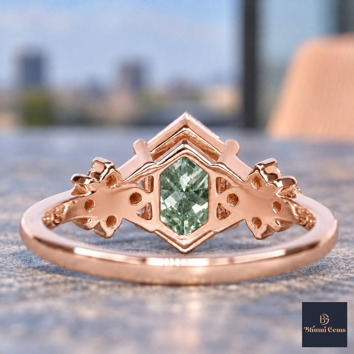 Green Hexagon Cut Lab Grown Diamond Engagement Ring - Cluster Shoulders in rose gold, gallery view