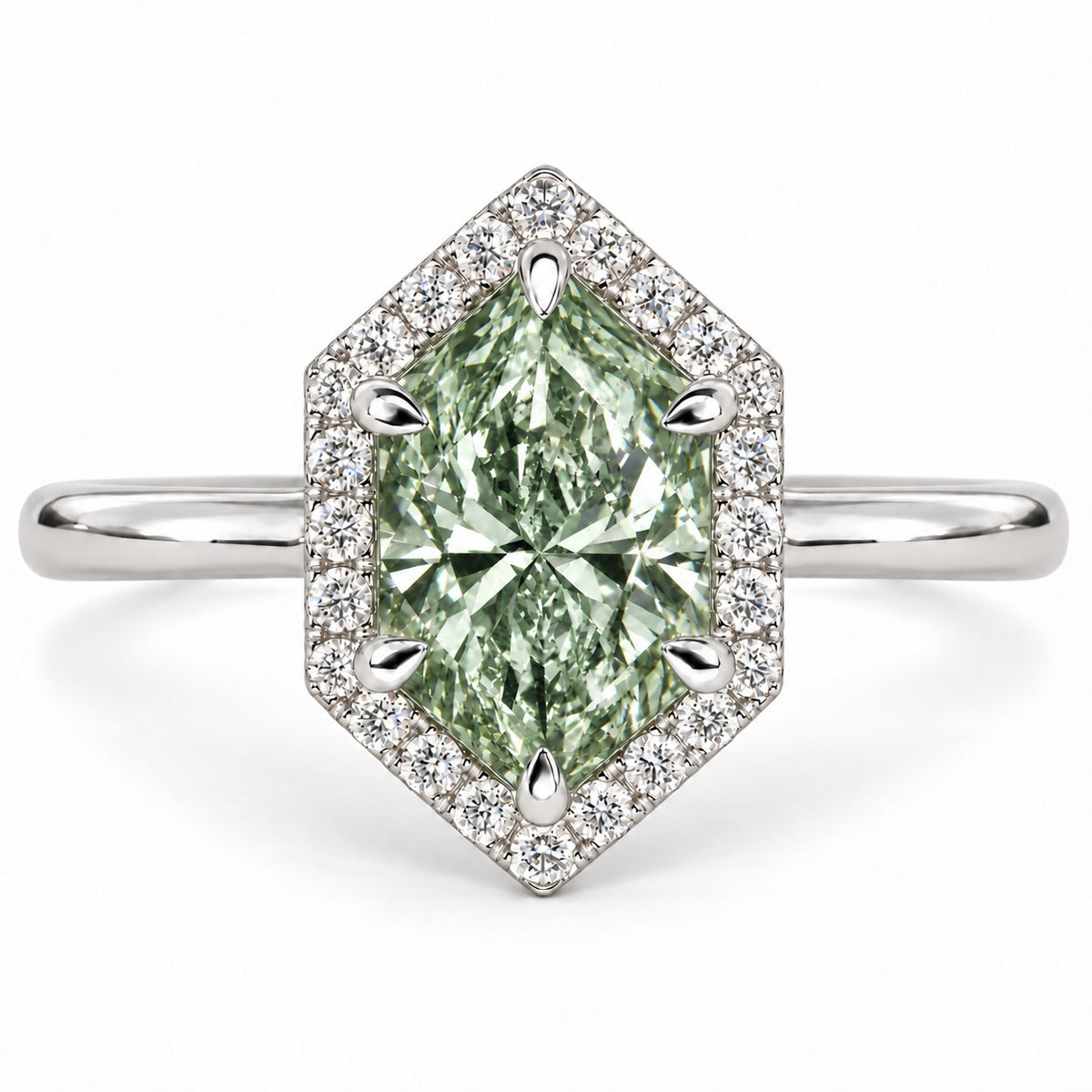Green Hexagon Cut Lab Grown Diamond Engagement Ring - Halo in white gold, front view