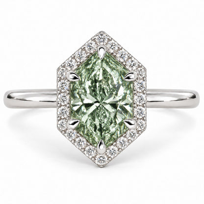 Green Hexagon Cut Lab Grown Diamond Engagement Ring - Halo in white gold, front view