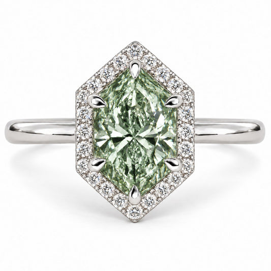 Green Hexagon Cut Lab Grown Diamond Engagement Ring - Halo in white gold, front view