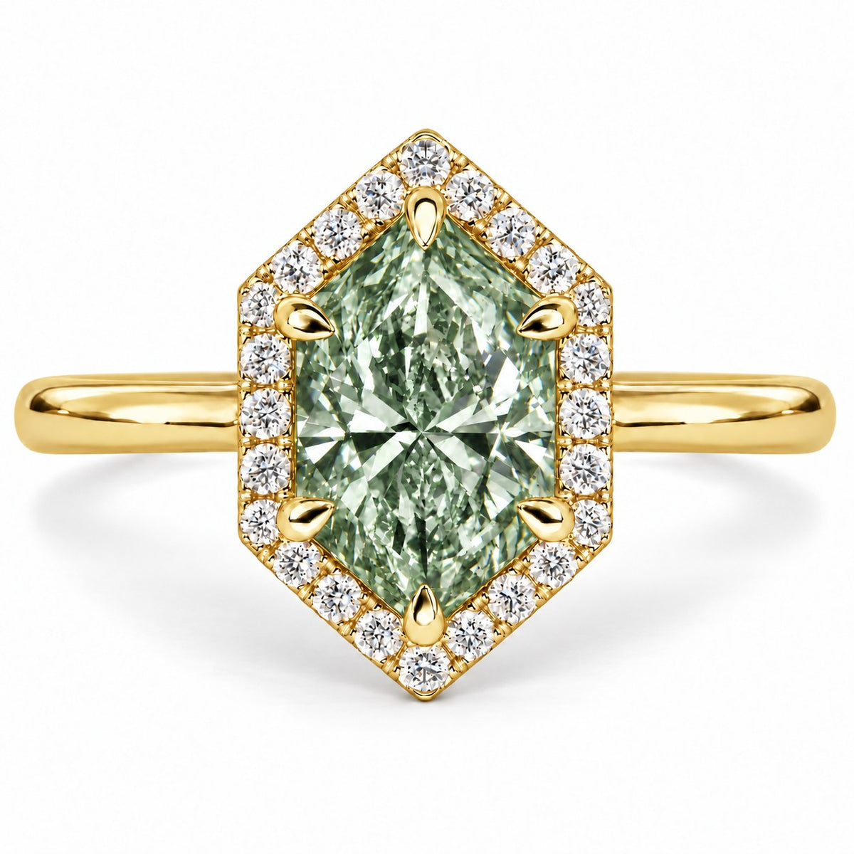Green Hexagon Cut Lab Grown Diamond Engagement Ring - Halo in yellow gold, front view