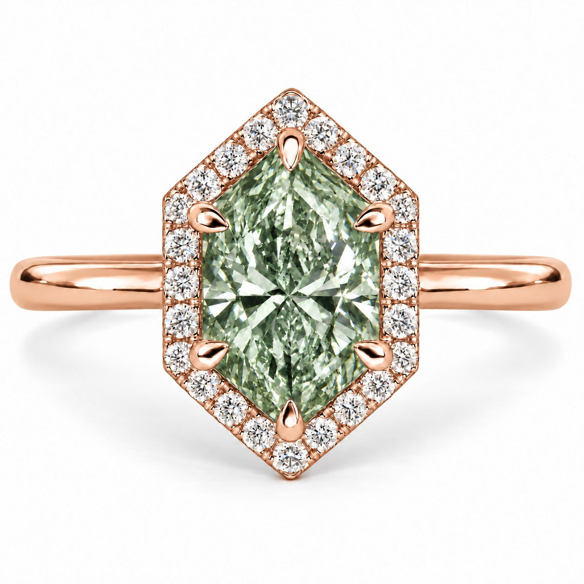 Green Hexagon Cut Lab Grown Diamond Engagement Ring - Halo in rose gold, front view