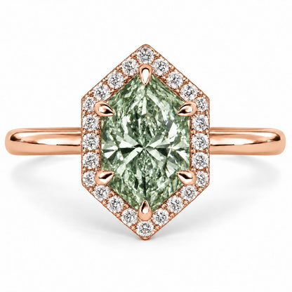 Green Hexagon Cut Lab Grown Diamond Engagement Ring - Halo in rose gold, front view