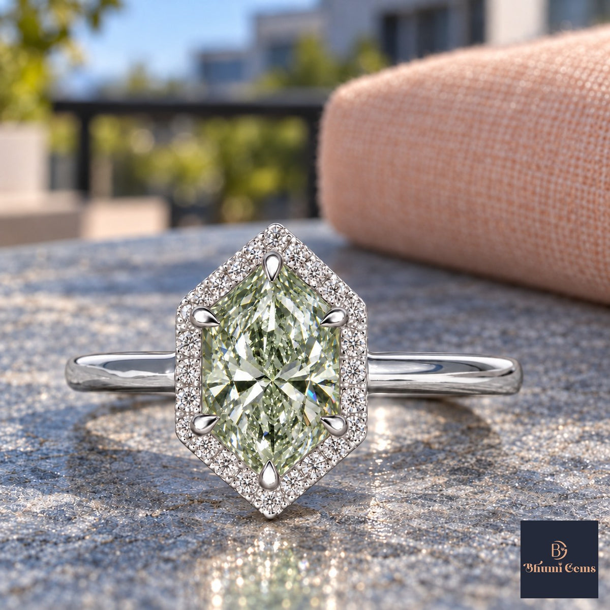 Green Hexagon Cut Lab Grown Diamond Engagement Ring - Halo in white gold, close-up