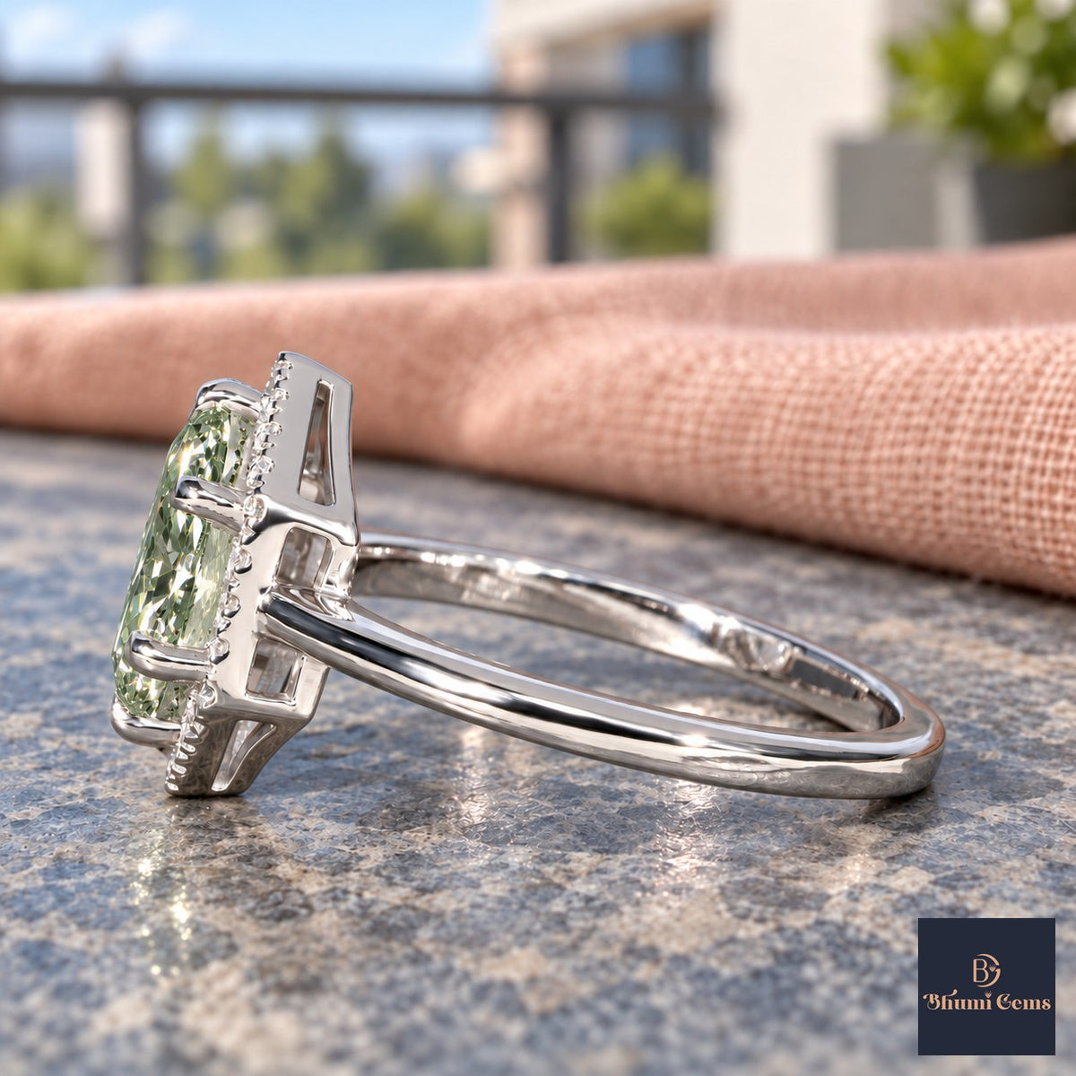 Green Hexagon Cut Lab Grown Diamond Engagement Ring - Halo in white gold, side view