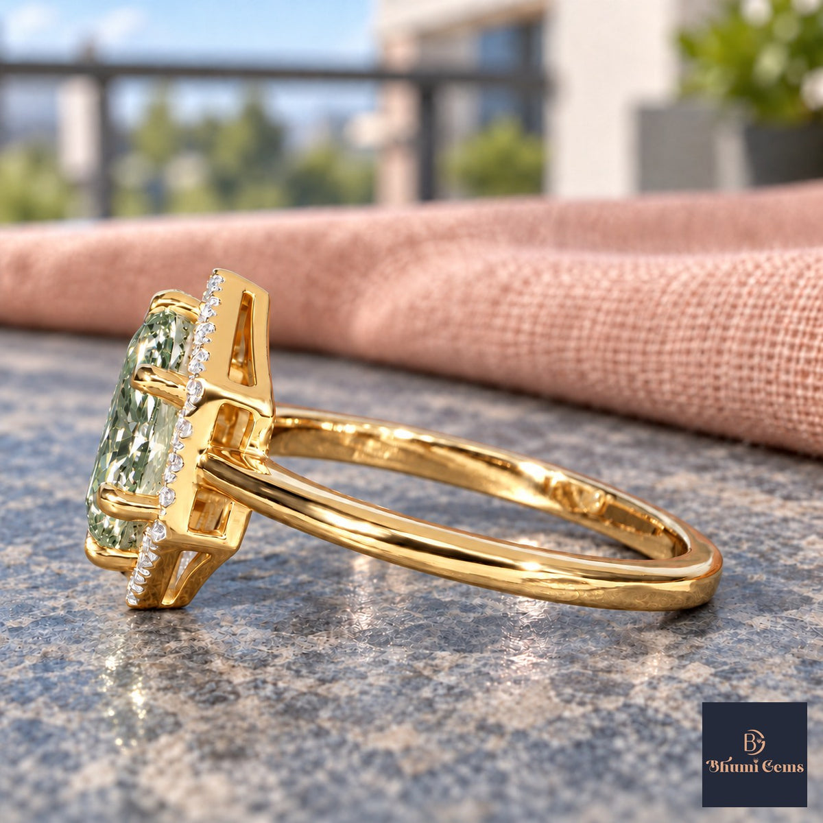 Green Hexagon Cut Lab Grown Diamond Engagement Ring - Halo in yellow gold, side view