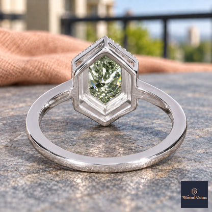Green Hexagon Cut Lab Grown Diamond Engagement Ring - Halo in white gold, gallery view