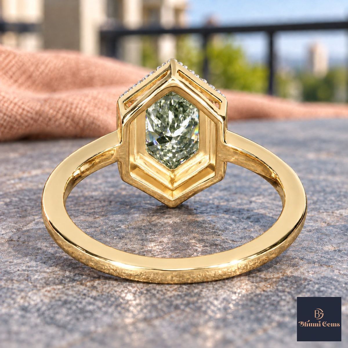 Green Hexagon Cut Lab Grown Diamond Engagement Ring - Halo in yellow gold, gallery view