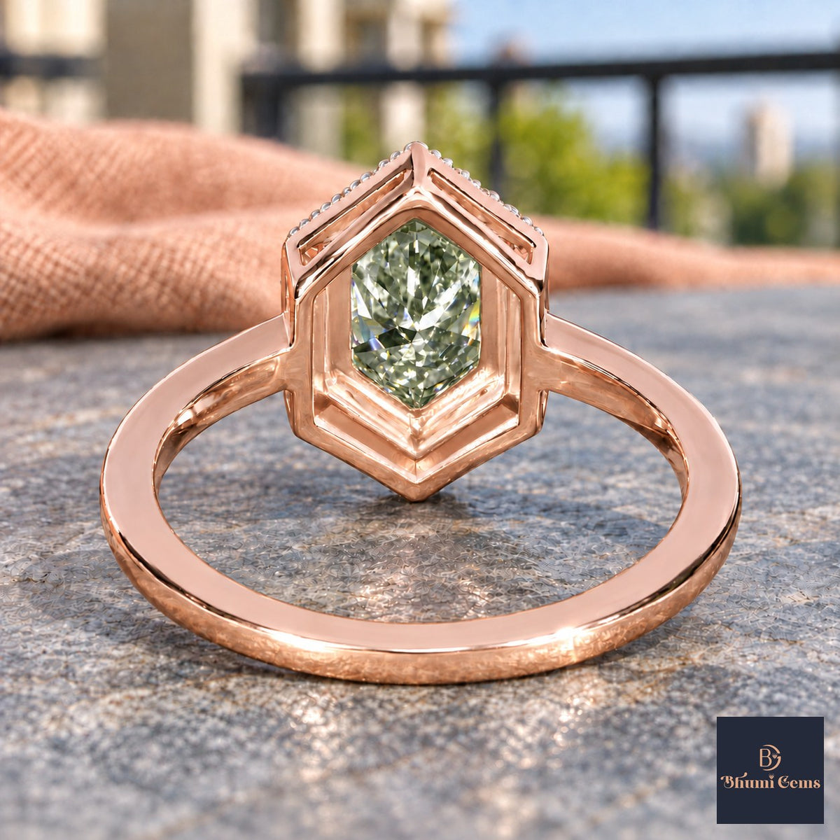 Green Hexagon Cut Lab Grown Diamond Engagement Ring - Halo in rose gold, gallery view