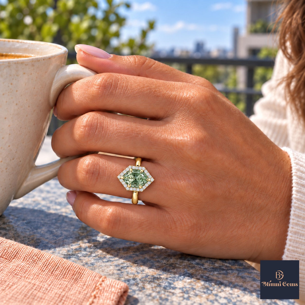 Green Hexagon Cut Lab Grown Diamond Engagement Ring - Halo in yellow gold, on the hand