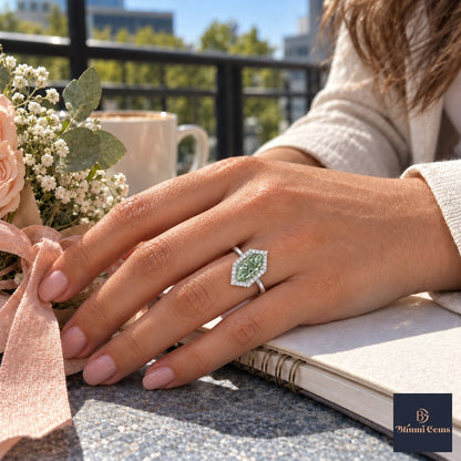 Green Hexagon Cut Lab Grown Diamond Engagement Ring - Halo in white gold, worn on the hand