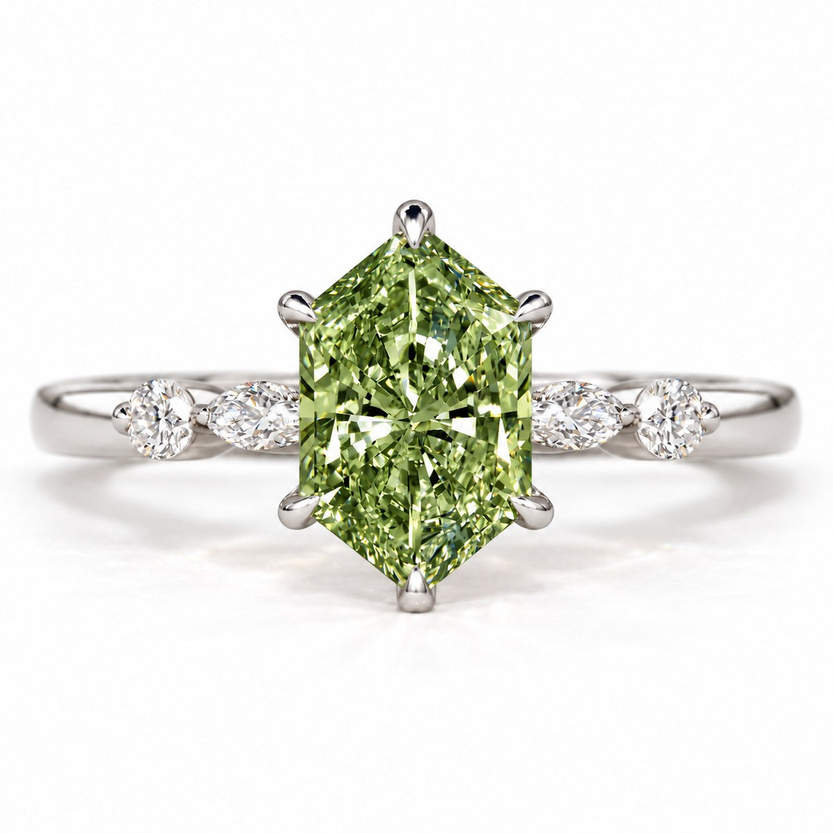 Green Hexagon Cut Lab Grown Diamond Engagement Ring - Marquise and Round Accents in white gold, front view