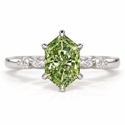 Green Hexagon Cut Lab Grown Diamond Engagement Ring - Marquise and Round Accents in white gold, front view
